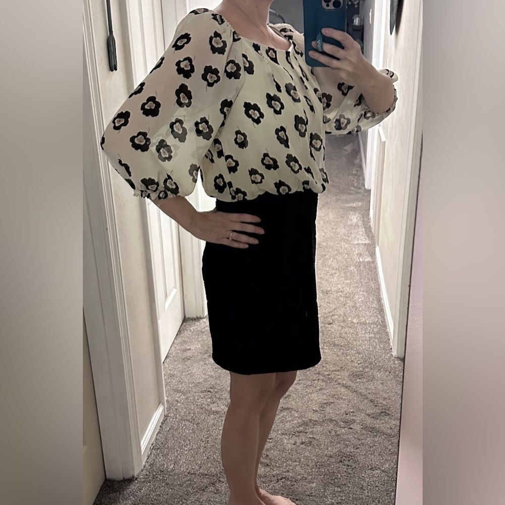 Gabby Skye Black & Tan Print Blouse Black Ribbed Skirt Dress Size 8